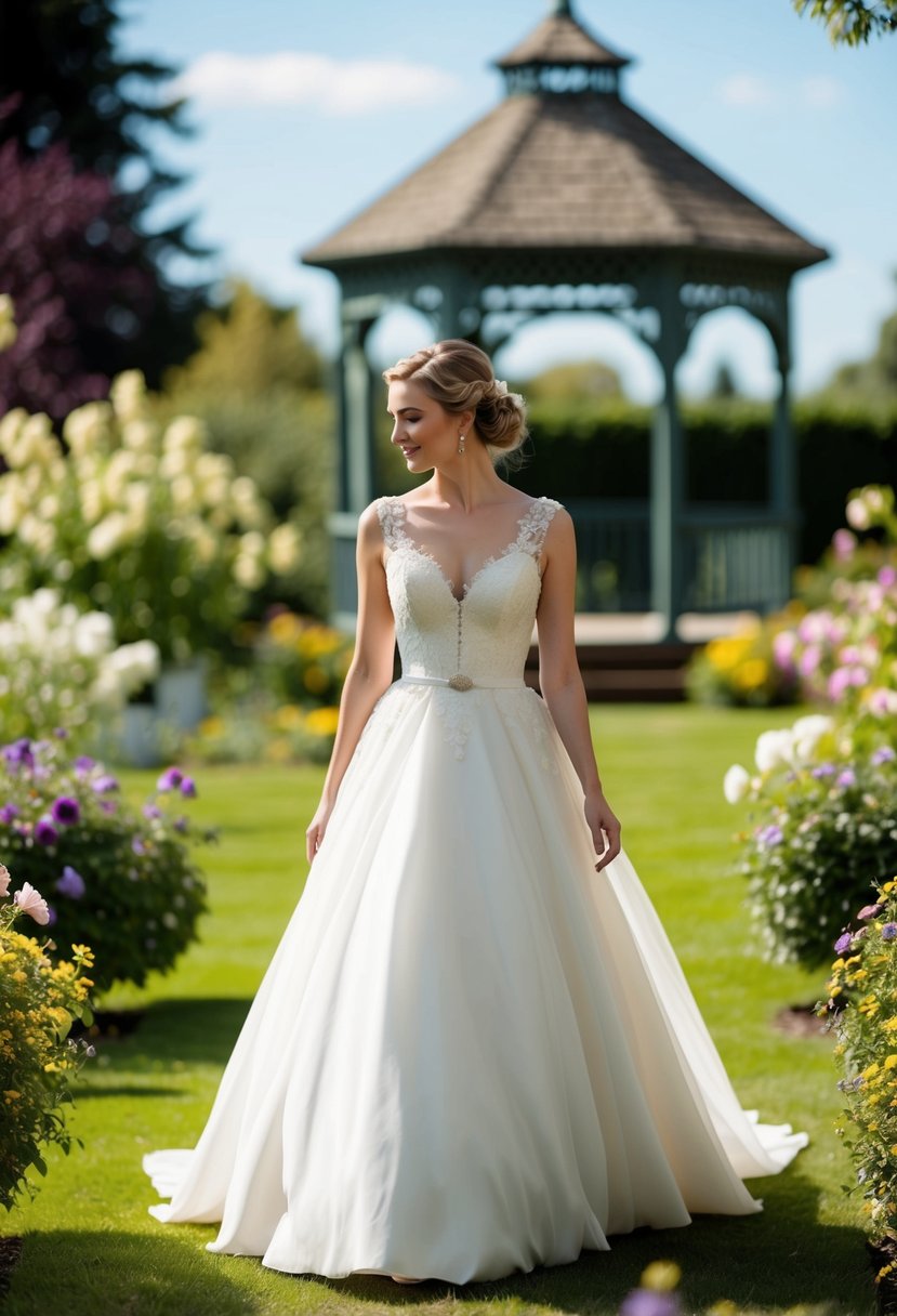 A bride in a vintage-inspired, no train wedding dress walks through a sun-dappled garden with blooming flowers and a charming gazebo in the background