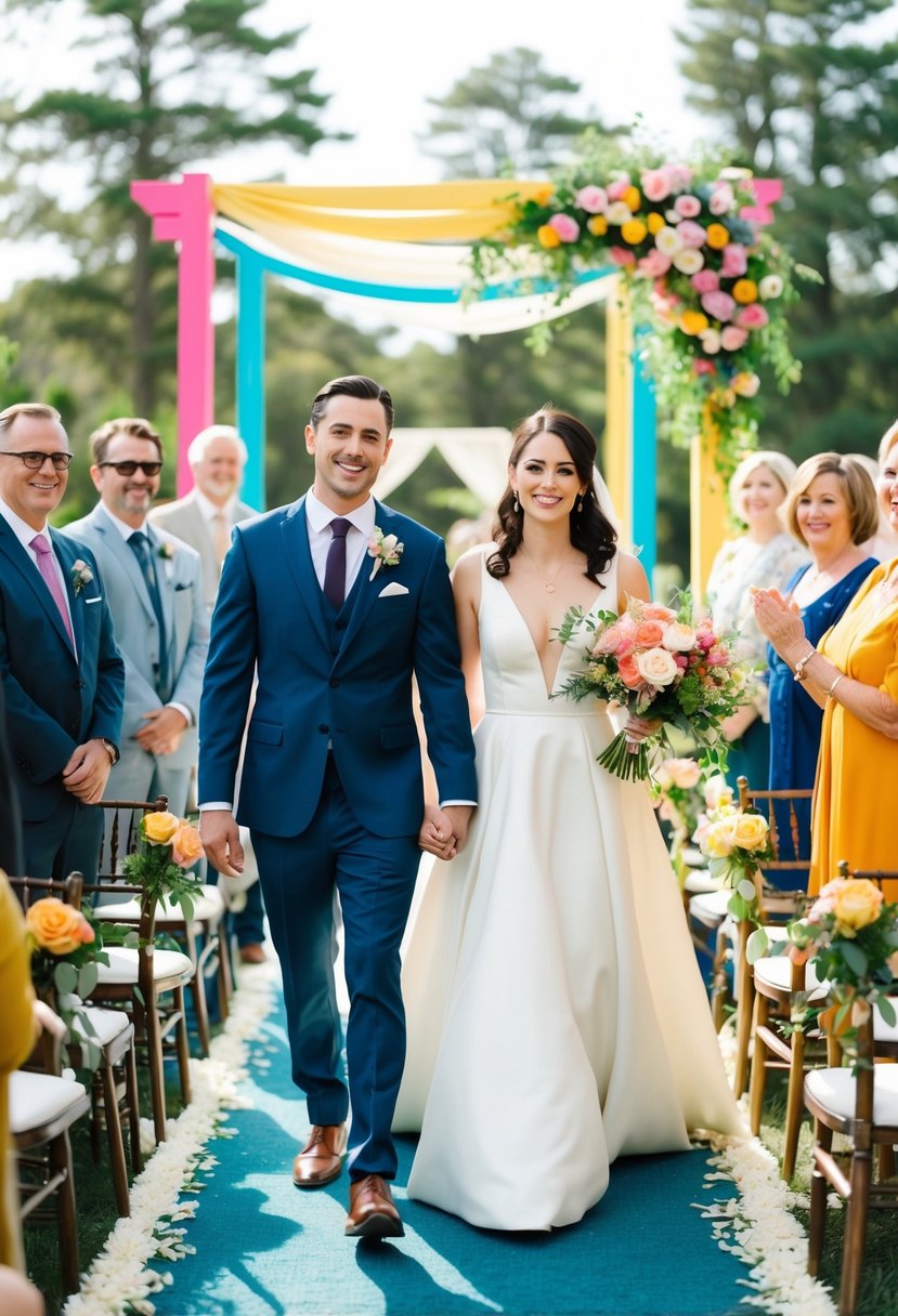 A couple walking down an aisle decorated with non-traditional elements, such as bright colors and unconventional floral arrangements, as guests smile and cheer