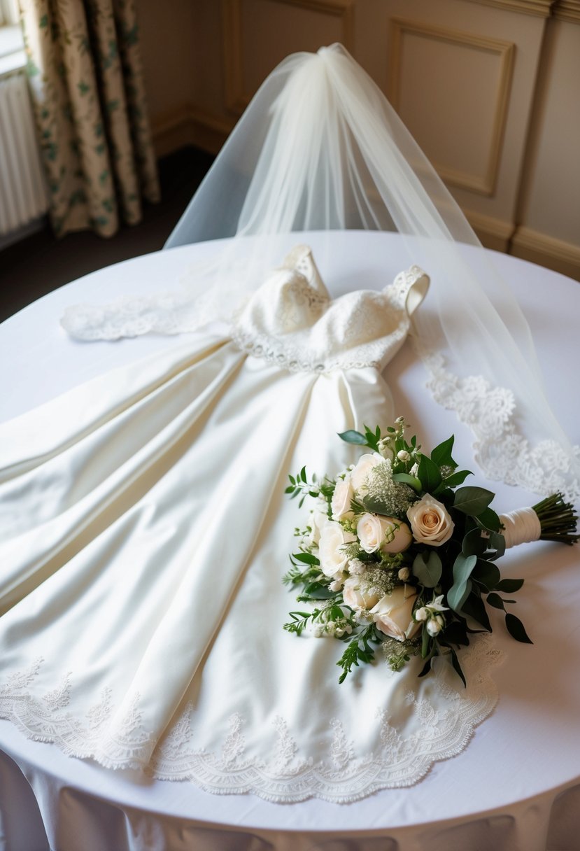 A wedding dress, veil, and bouquet laid out on a table with lace and floral details