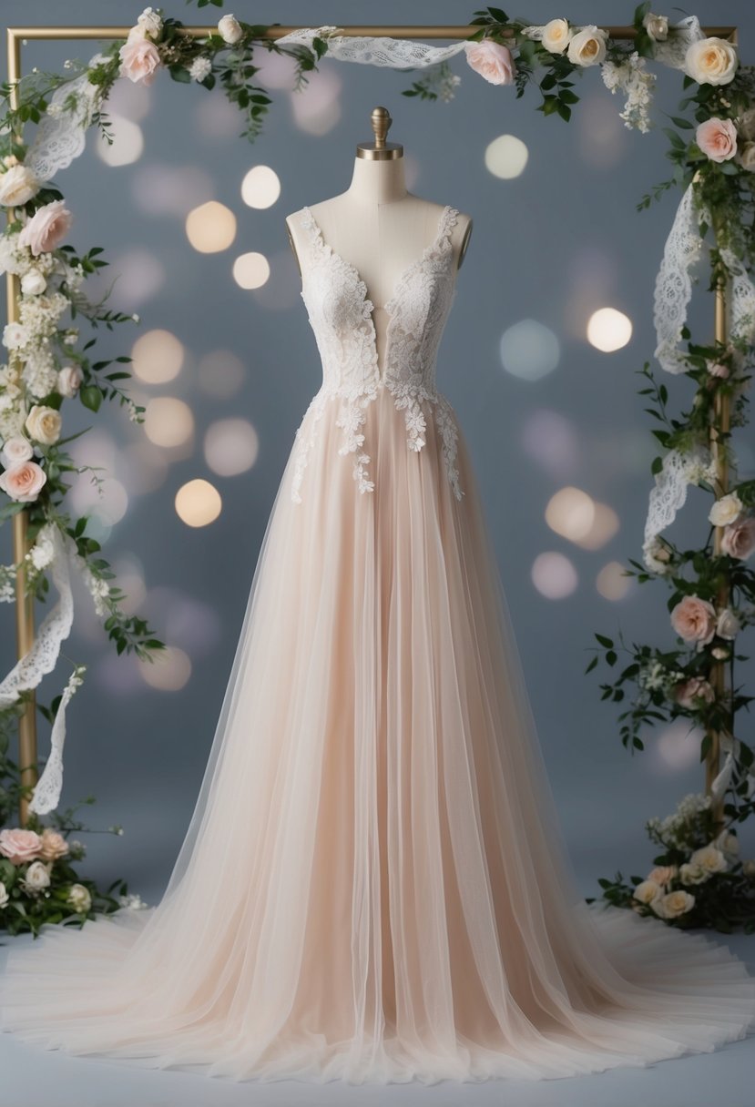 A floor-length tulle gown draped over a mannequin, surrounded by delicate lace and floral accents