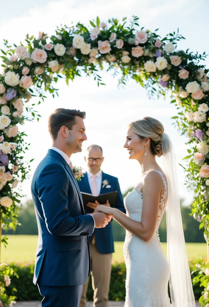 A bride and groom exchanging vows under a floral arch