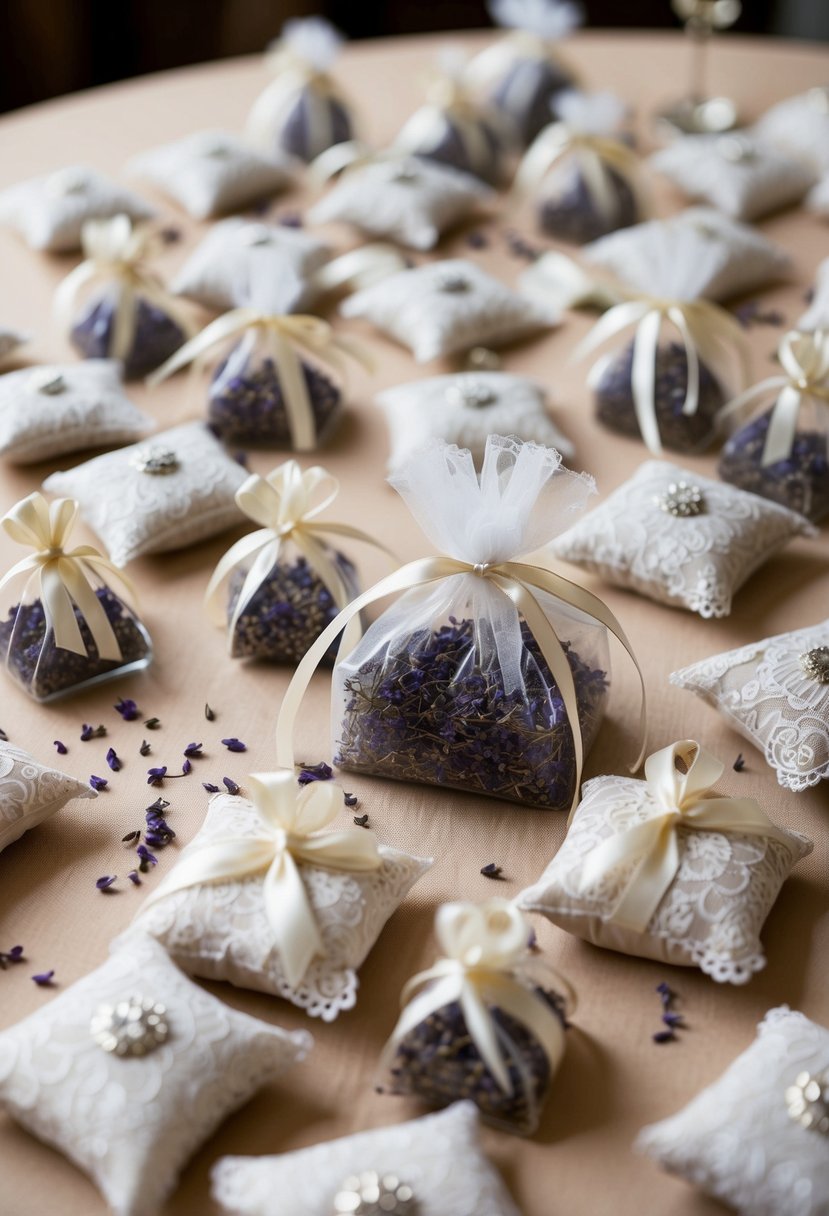 A table scattered with delicate lace sachets filled with lavender and potpourri, adorned with ribbons and lace, creating wedding dress keepsakes