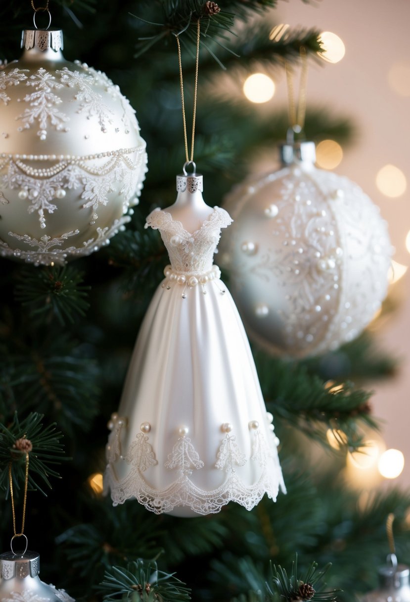 A collection of delicate Christmas tree ornaments inspired by wedding dresses, featuring lace, pearls, and intricate beading