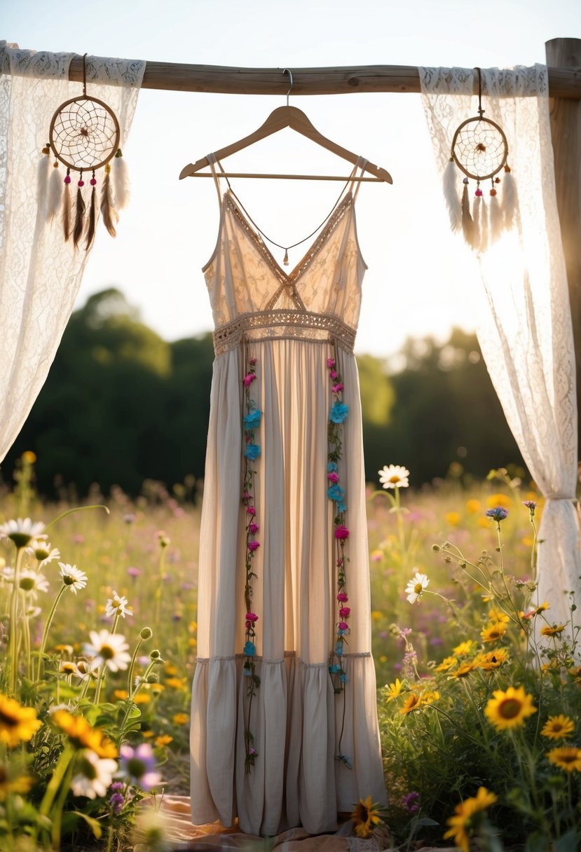 A boho-chic dress hangs on a rustic wooden hanger, surrounded by wildflowers and dreamcatchers, with soft sunlight streaming in through a lace curtain