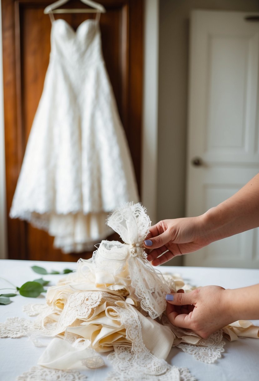 A pile of lace and fabric scraps are being transformed into a delicate bridal garter, with a wedding dress hanging in the background