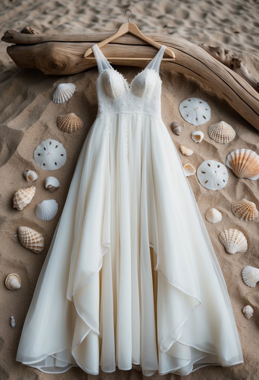 A beachy bridal gown hangs on a driftwood hanger, surrounded by seashells and sand dollars. The dress is light and flowy, with delicate lace details and a bohemian vibe