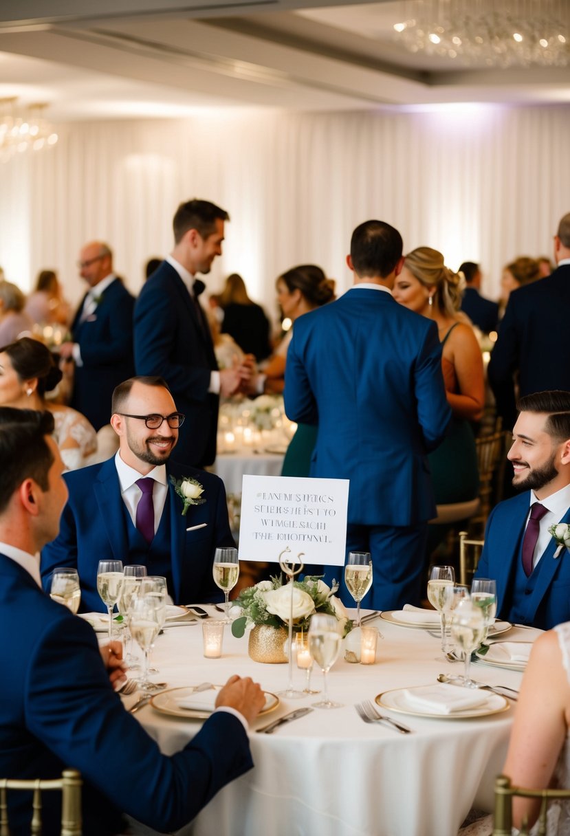 Guests mingle, selecting their own seats at round tables with elegant place settings. A sign indicates the couple’s preference for a relaxed, informal atmosphere