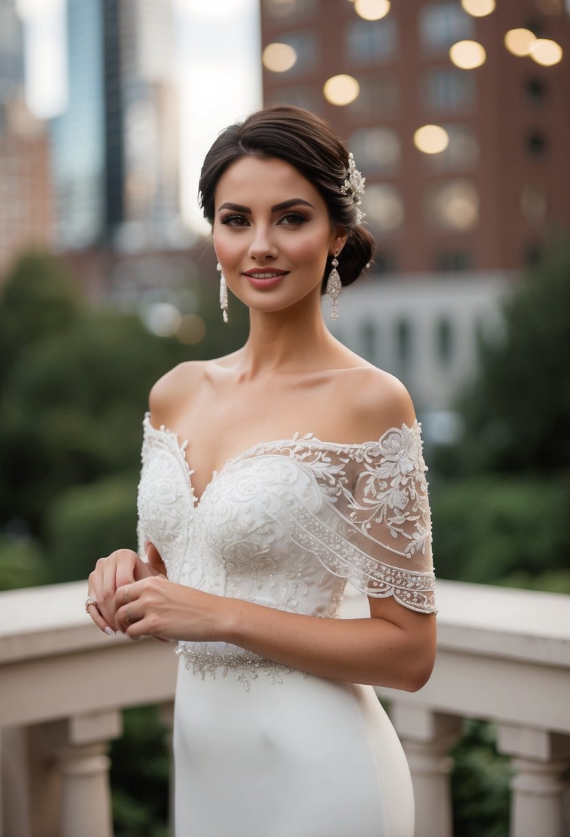 A sleek, off-shoulder wedding dress with a delicate lace shrug draped over the shoulders, adorned with intricate beading and embroidery