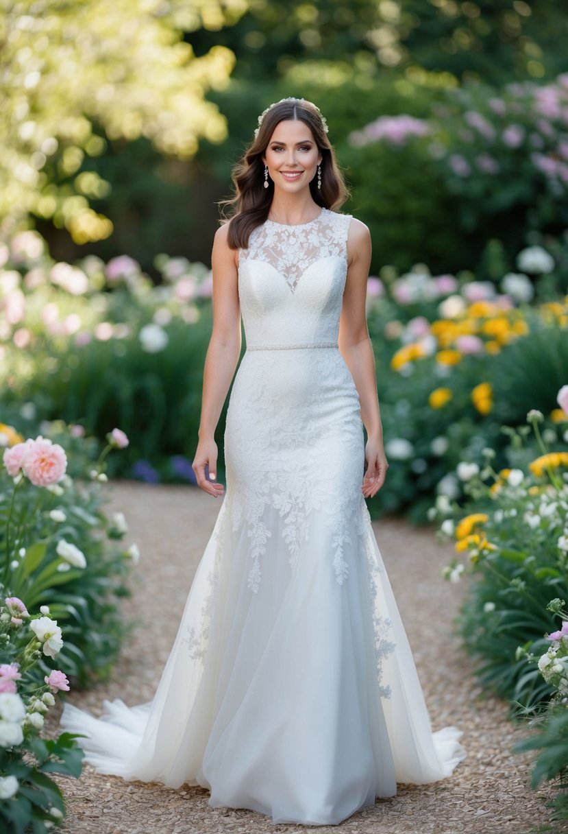 A bride in a sleeveless, lace garden wedding dress with no train, surrounded by blooming flowers and greenery