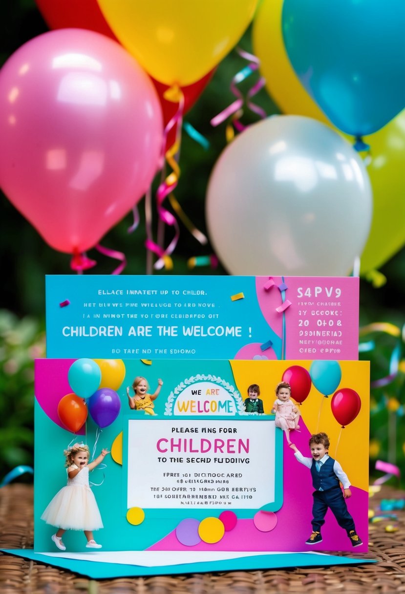 A colorful invitation with playful imagery, balloons, and confetti, indicating children are welcome to the second wedding