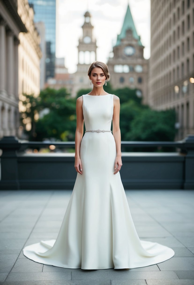 An elegant city hall wedding dress with no train, featuring a fitted bodice and a simple, flowing skirt