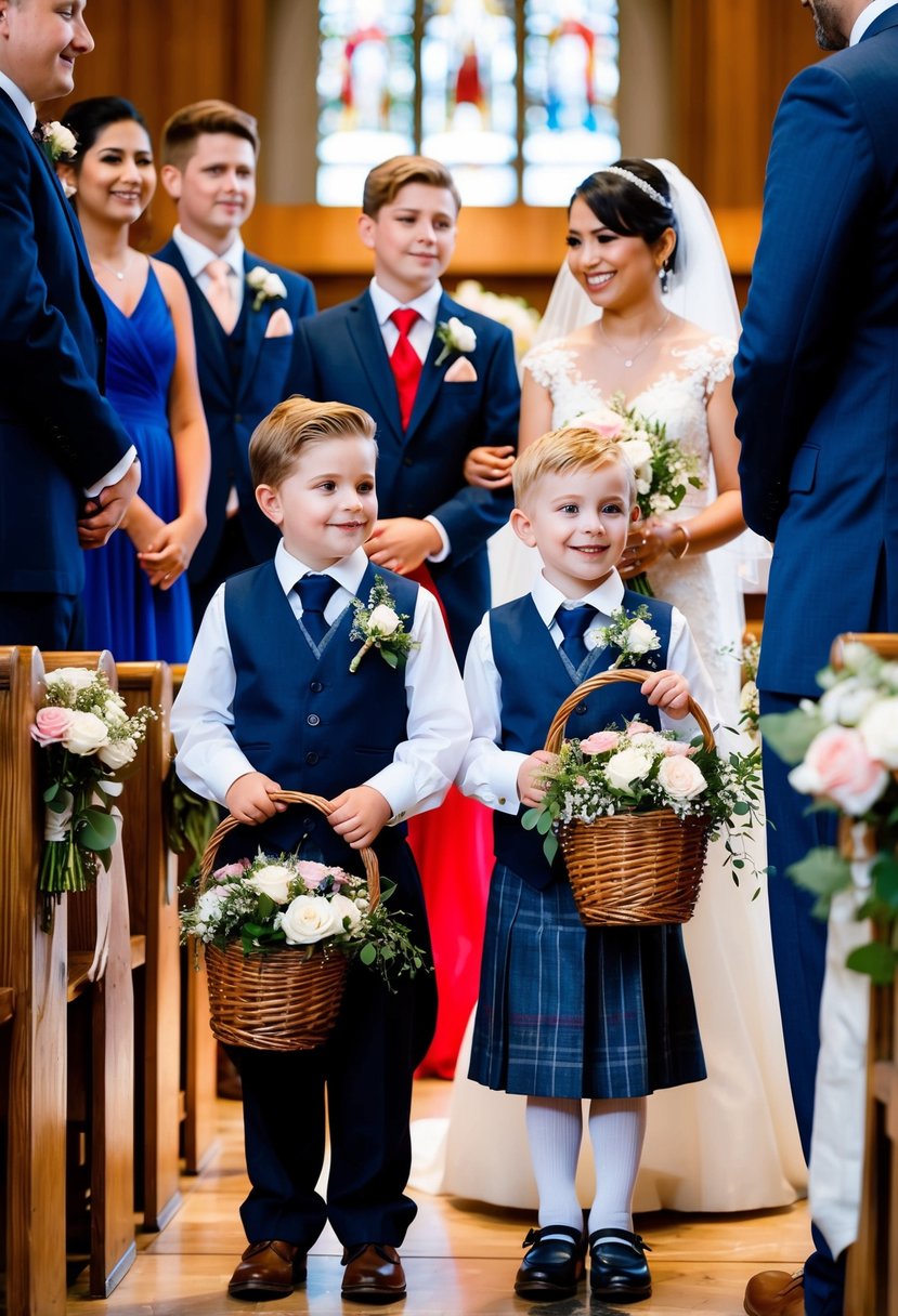 Children in wedding attire holding flower baskets and wearing boutonnieres, standing beside the bride and groom at the altar