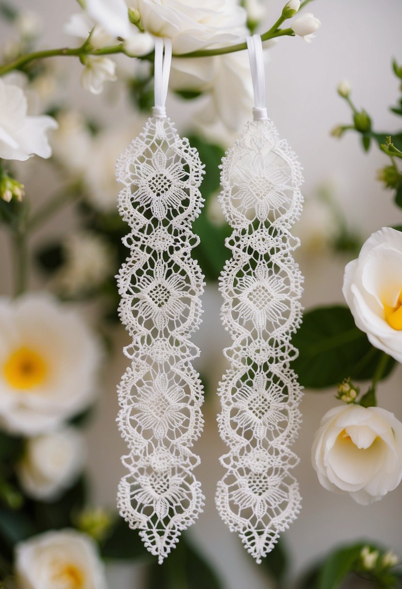 Intricate lace patterns woven into delicate bookmarks, evoking wedding dress keepsake ideas