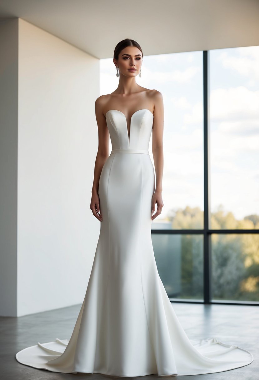 A bride standing in a sleek, fitted column wedding dress, with no train, in a modern and minimalist setting