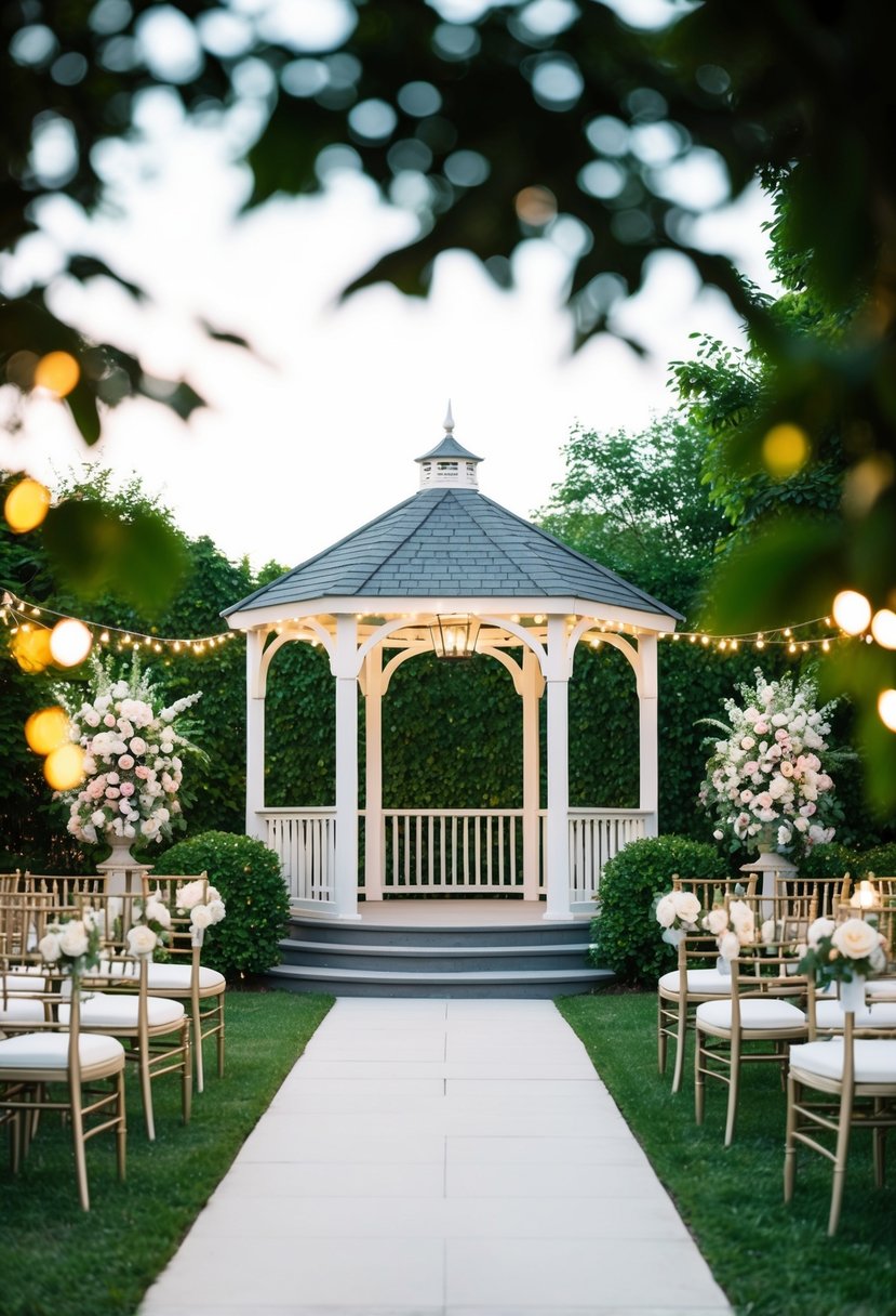 A serene garden with a gazebo and elegant seating, adorned with flowers and twinkling lights, representing a refined and intimate setting for a second wedding