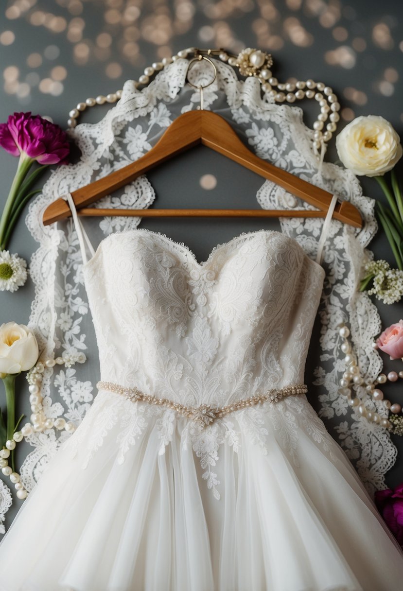 A wedding dress hanging on a vintage wooden hanger, surrounded by delicate lace, pearls, and floral accents