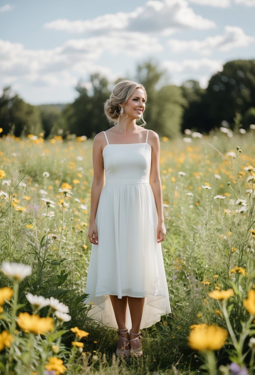 A bride in a simple sundress, surrounded by wildflowers in a meadow