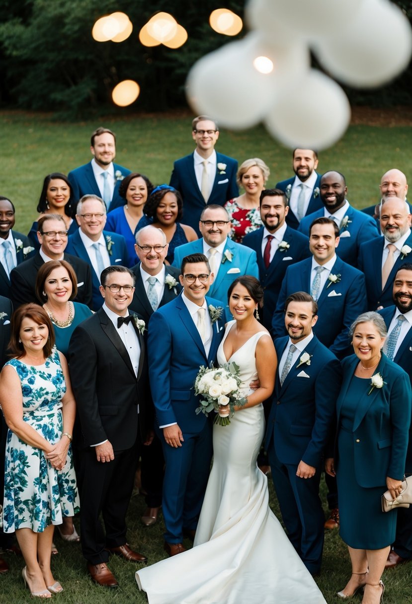 A group of diverse people in formal attire, reflecting the theme of a second wedding, gather for a celebration