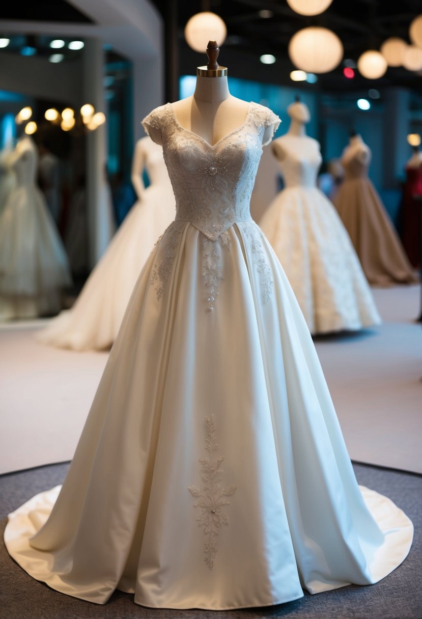 A vintage tea-length wedding dress displayed on a mannequin