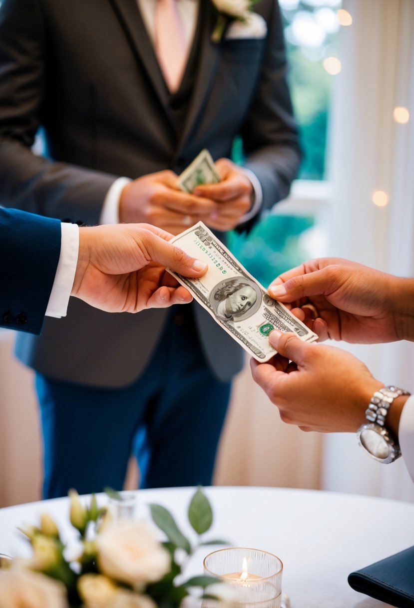 A couple's hands exchanging money with a wedding planner