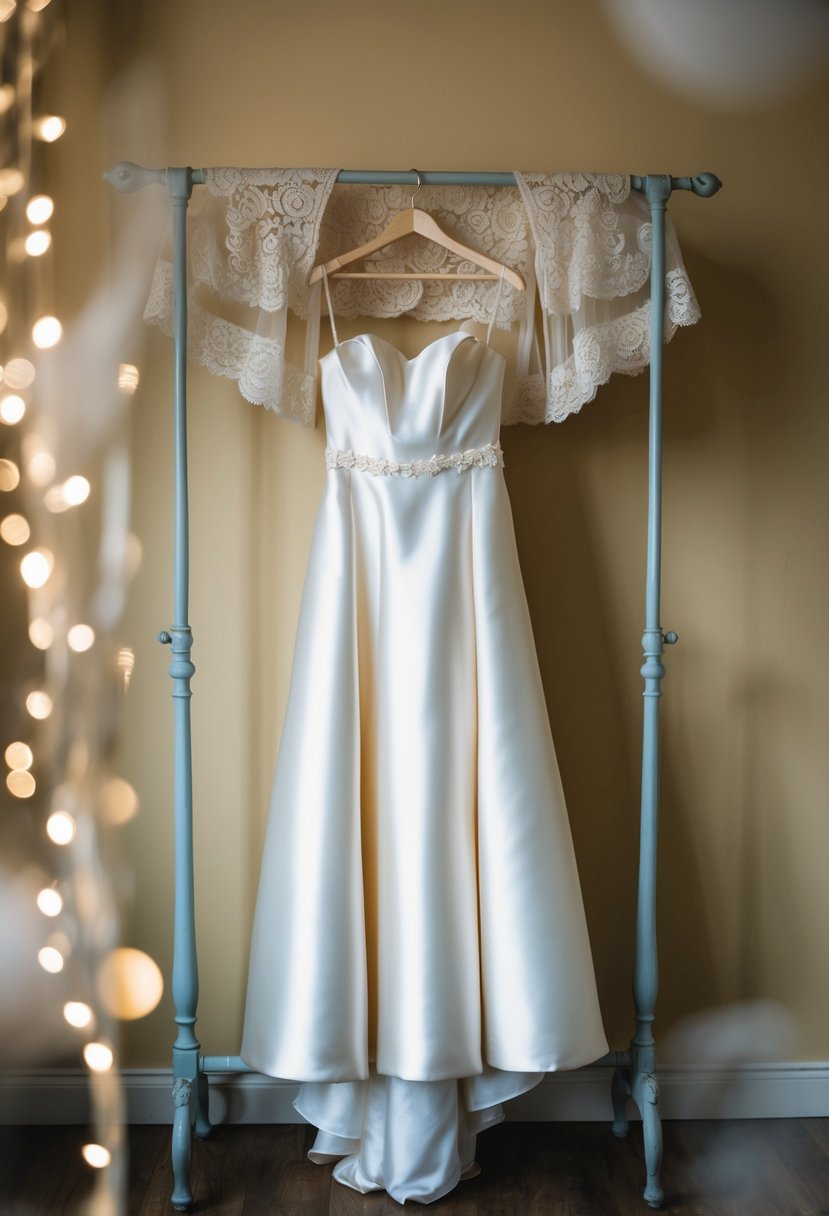 An elegant satin gown hangs from a vintage coat rack, surrounded by soft lighting and delicate lace details