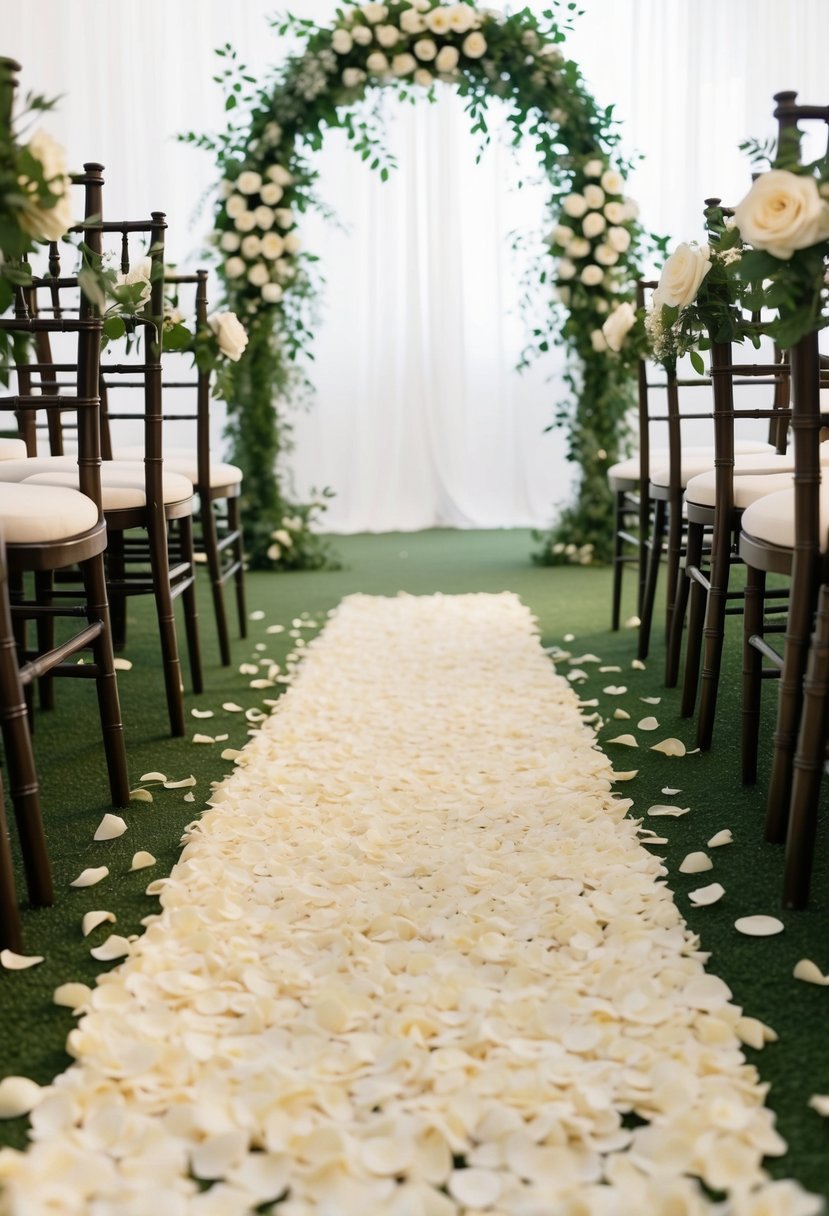 A flower petal-covered aisle runner leading to an arch adorned with greenery and white roses