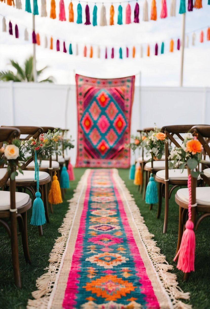 A bohemian rug-lined wedding aisle with colorful patterns and tassels