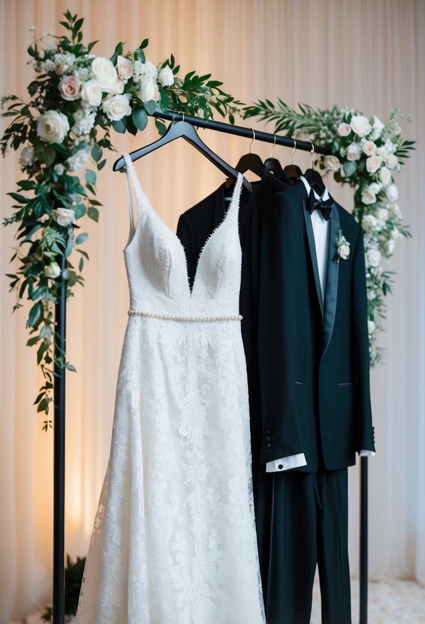 A rack of elegant wedding attire, including a white lace gown, a sleek tuxedo, and delicate accessories, set against a backdrop of soft lighting and floral accents