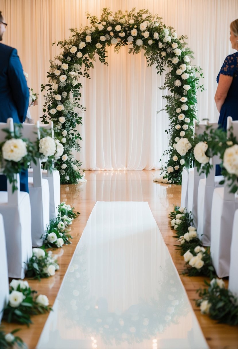 A white glossy aisle runner unfurls towards a floral arch at a wedding ceremony