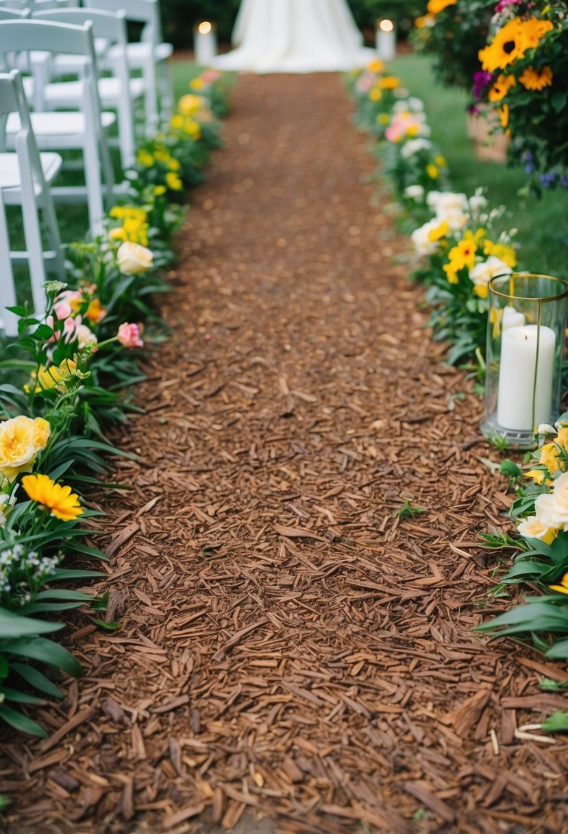 A winding pathway of rich brown mulch leads through a lush garden, bordered by vibrant flowers and foliage, creating a picturesque setting for a wedding aisle runner