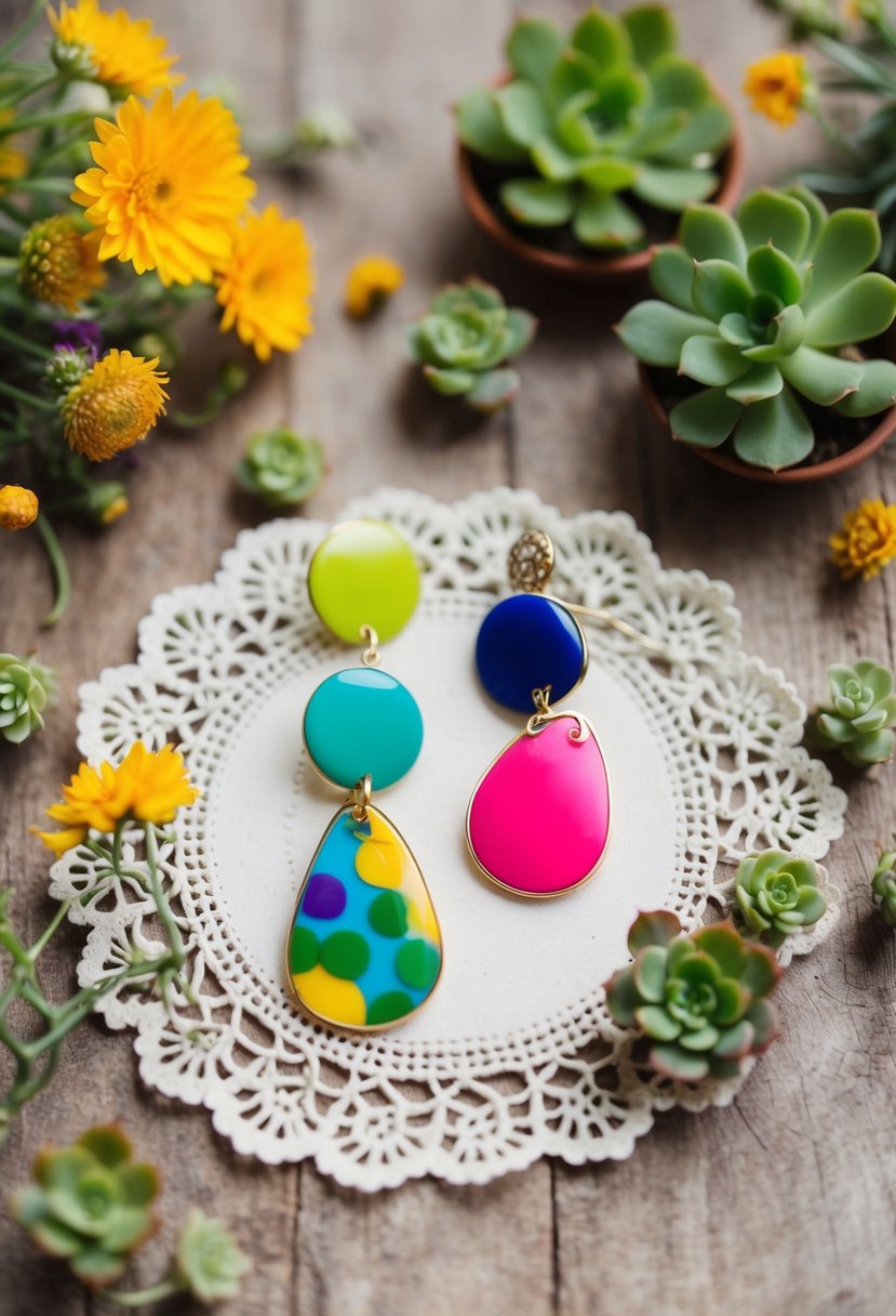 Colorful mismatched earrings on a vintage lace doily, surrounded by wildflowers and tiny succulents