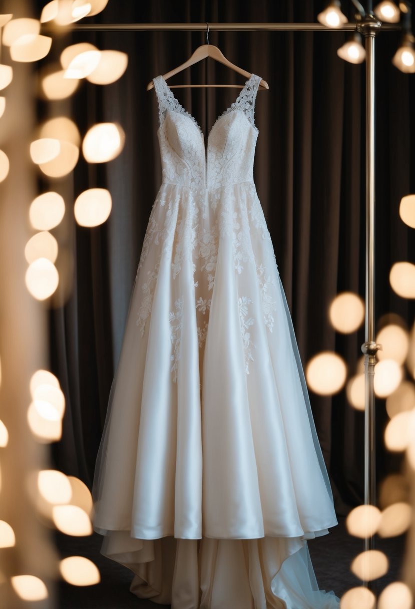 An elegant gown with intricate lace details hangs on a vintage-style clothing rack, surrounded by soft, romantic lighting