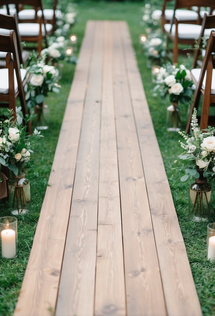 A wooden plank runner extends down the center of an outdoor wedding aisle, adorned with delicate floral arrangements and surrounded by lush greenery