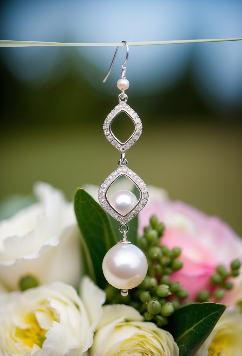 A single asymmetrical pearl earring dangles from a whimsical wedding bouquet