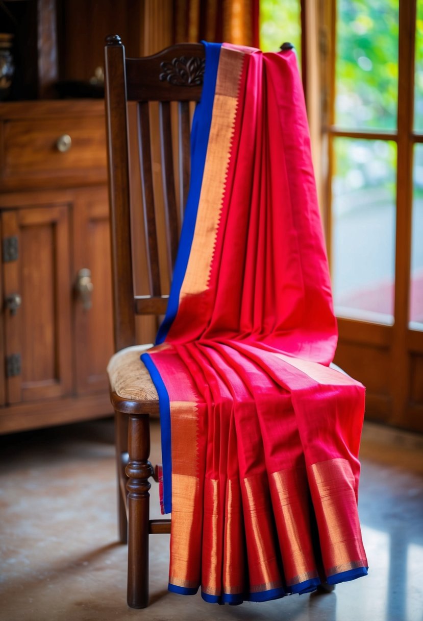 A vibrant red classic saree draped over a wooden chair