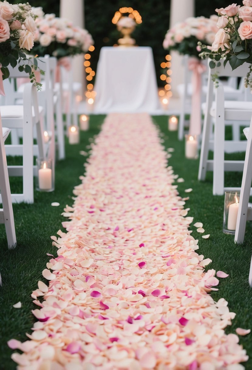 A pathway lined with delicate rose petals leading to an altar