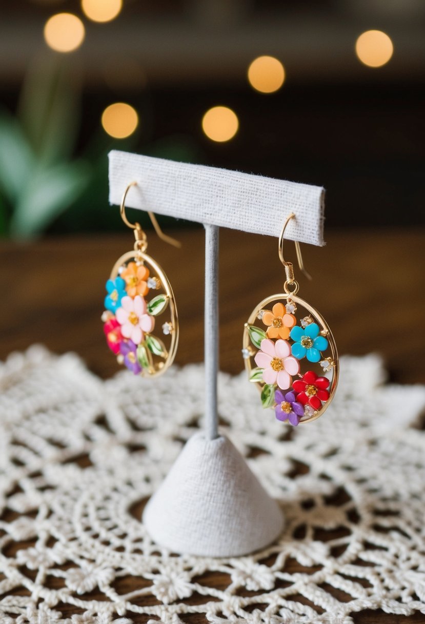 A whimsical pair of floral hoop earrings displayed on a vintage lace doily