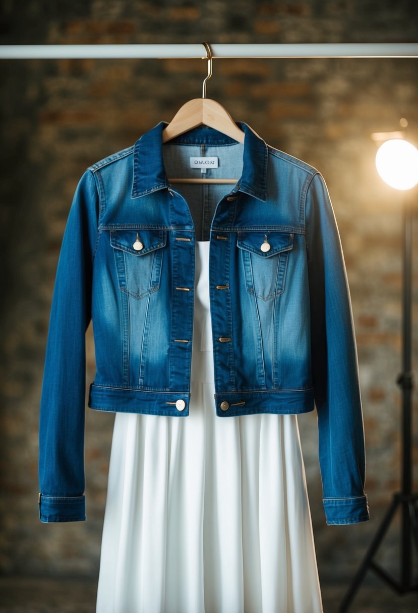 A chic denim jacket draped over a white dress on a hanger, with soft lighting and a rustic backdrop