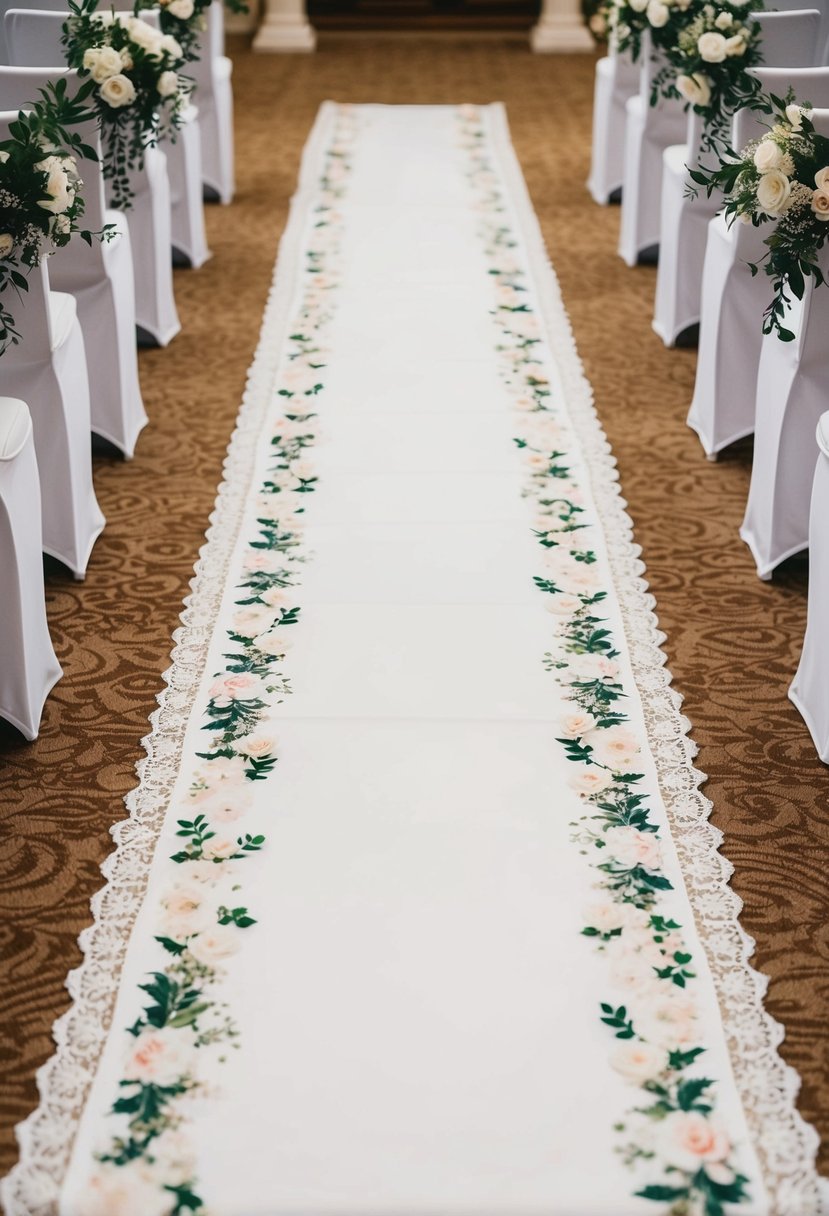 A white fabric aisle runner adorned with delicate floral patterns and intricate lace borders, unfurling down the center of a grand wedding ceremony space