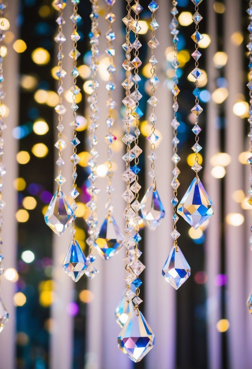 A playful arrangement of geometric crystal dangles suspended in the air, casting colorful reflections onto a whimsical wedding backdrop