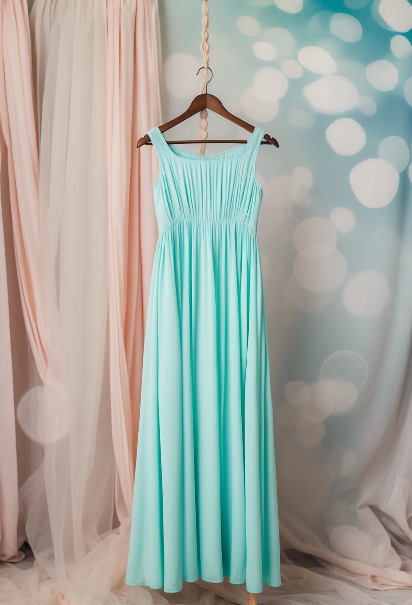 A flowing pastel-colored maxi dress hanging on a vintage wooden hanger against a backdrop of soft, dreamy fabric