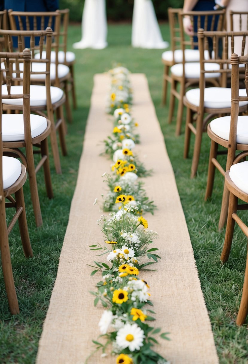 A rustic burlap runner stretches down the center of an outdoor wedding aisle, adorned with wildflowers and flanked by wooden chairs