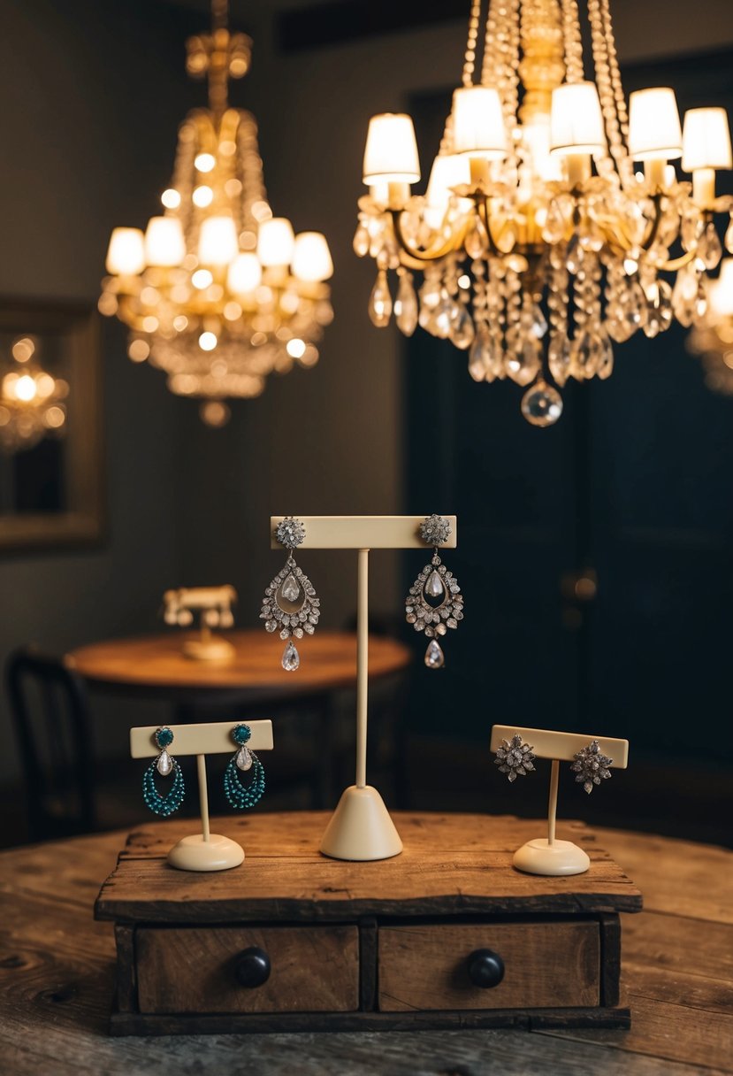 A dimly lit room with vintage-inspired chandeliers casting a warm glow, showcasing quirky wedding earring ideas displayed on a rustic wooden table