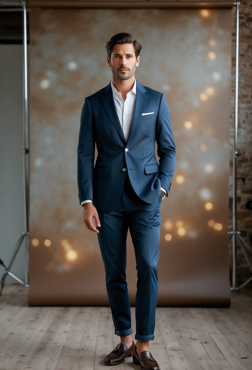 A man in a tailored blazer and chinos, paired with a crisp button-up shirt and loafers, standing in front of a rustic backdrop