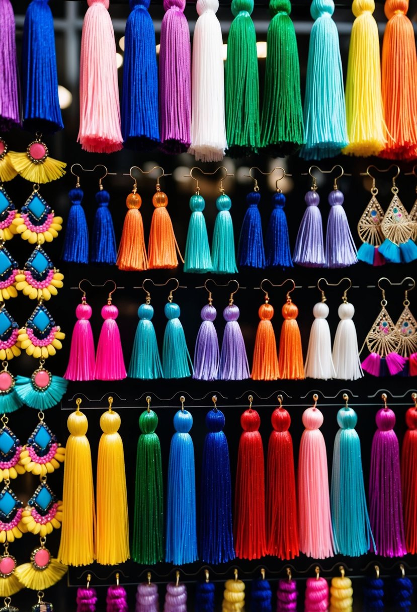 A display of vibrant, tassel earrings in various lengths and colors, arranged in a playful and whimsical manner