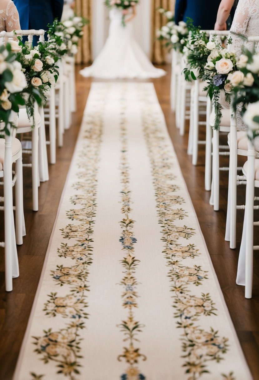 An elegant carpet runner stretches down the center of a grand wedding aisle, adorned with intricate floral patterns and delicate lace details