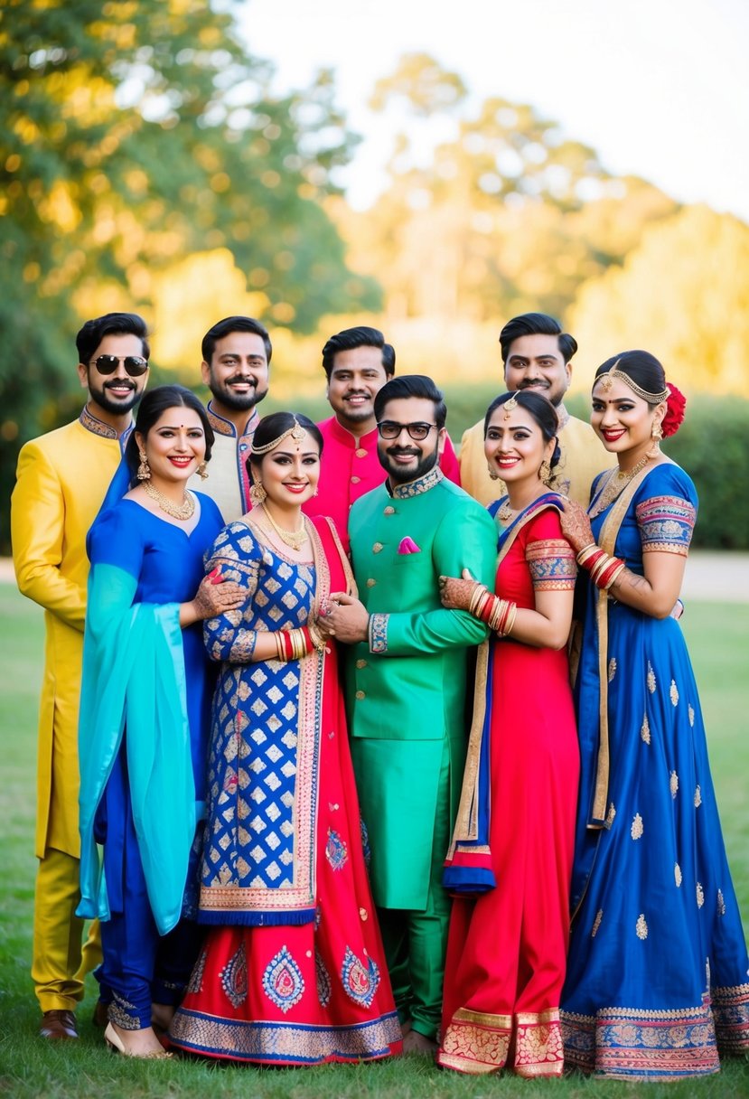 A group of people wearing coordinated ethnic wear for a pre-wedding celebration, with vibrant colors and traditional patterns