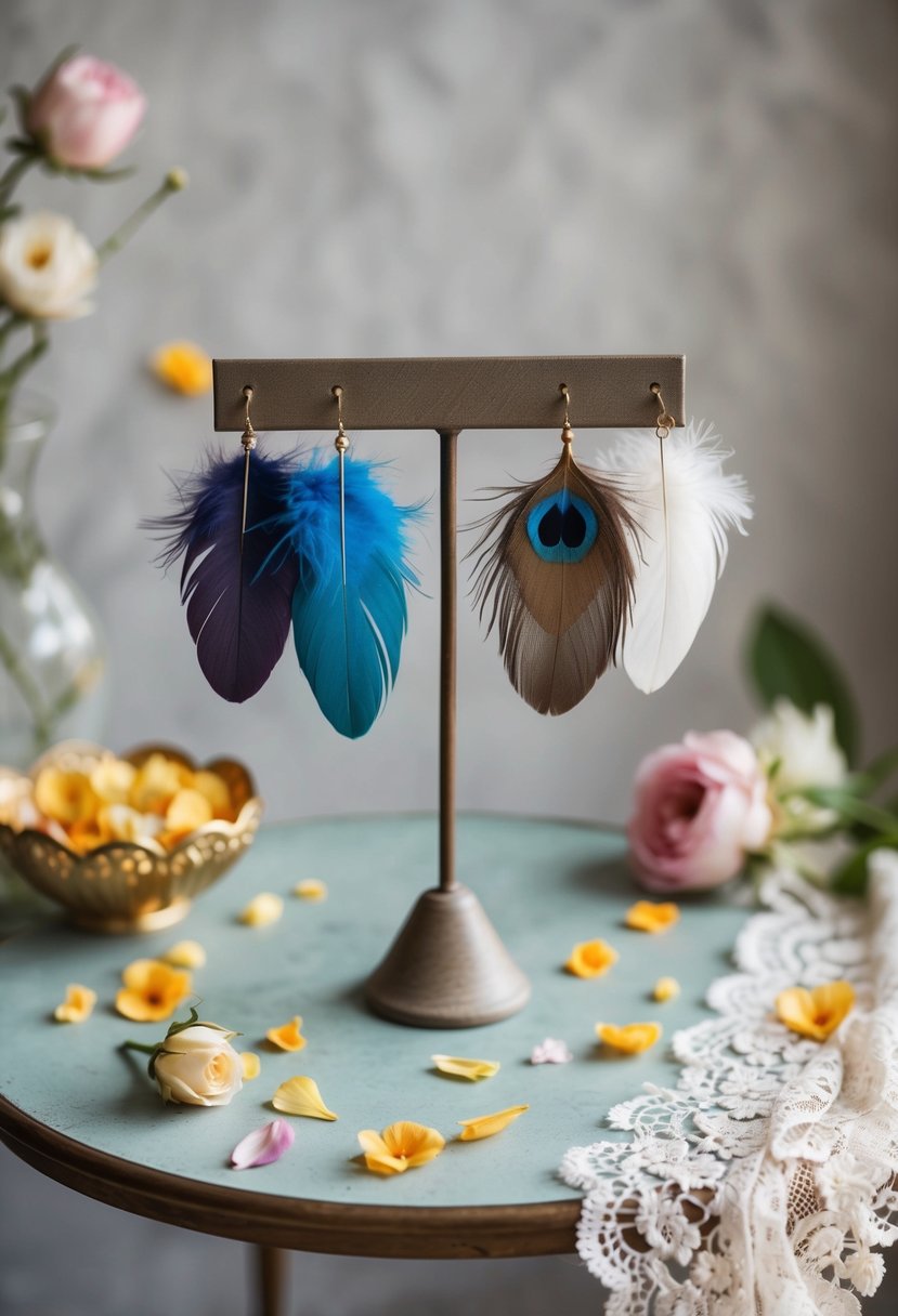 A whimsical display of feather statement earrings on a vintage table with scattered flower petals and delicate lace fabric