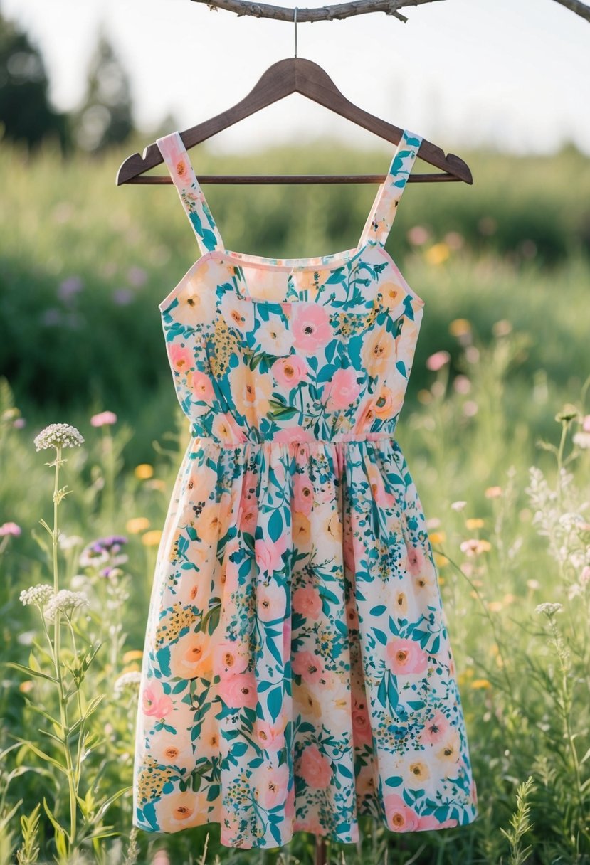 A floral print sundress hanging on a rustic wooden hanger, surrounded by delicate wildflowers and greenery