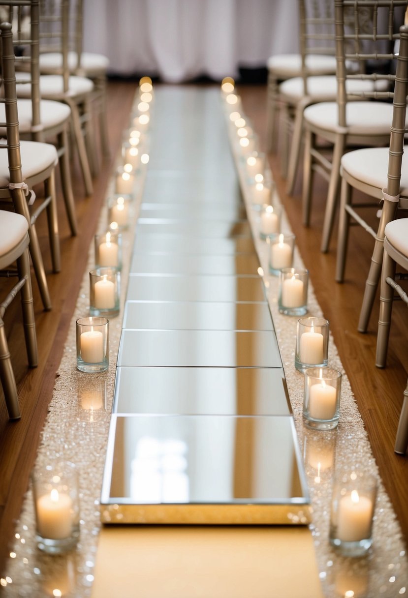 A wedding aisle runner with a mirrored surface reflects the surrounding decorations and creates a visually stunning effect